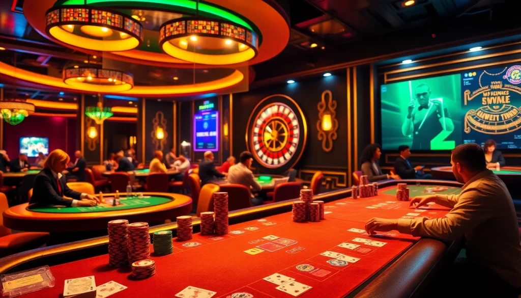 Players celebrating their wins at the b52 club casino with vibrant poker tables and chips.