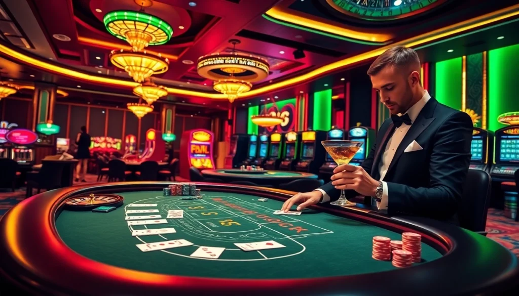 Gambling excitement at KP 88 featuring vibrant casino tables, cards, and roulette wheels.