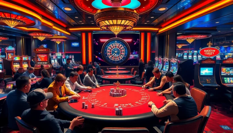 Experience thrilling gameplay at rikvip with vibrant poker and roulette action in a luxurious casino.