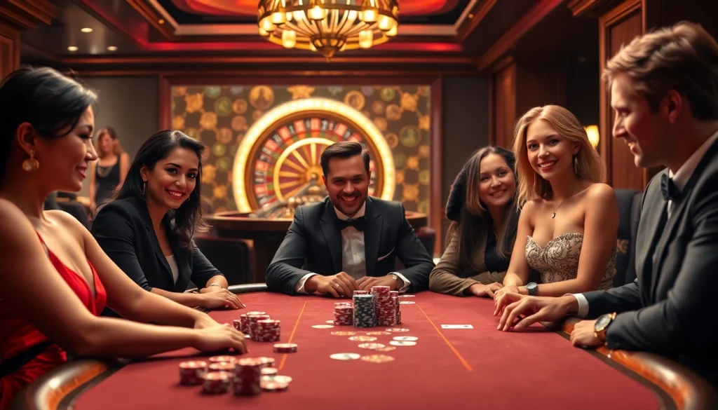 Luck8 players celebrating a big win at a vibrant casino table with poker chips and cards.