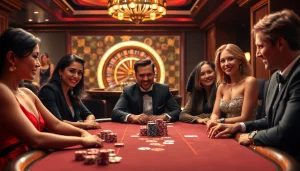 Luck8 players celebrating a big win at a vibrant casino table with poker chips and cards.
