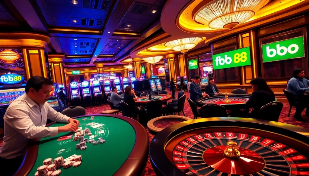 Experience high-stakes action with fb88 at an engaging casino scene, featuring vibrant tables and players.