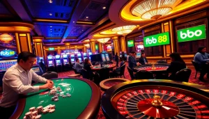 Experience high-stakes action with fb88 at an engaging casino scene, featuring vibrant tables and players.