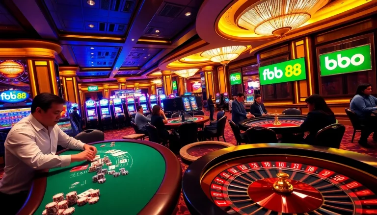 Experience high-stakes action with fb88 at an engaging casino scene, featuring vibrant tables and players.