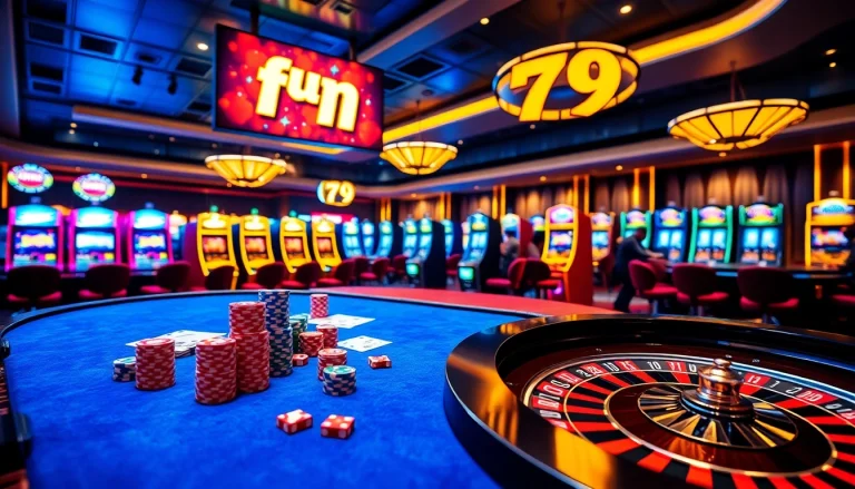 Experience the excitement of fun 79 with vibrant casino scenes filled with roulette and slot machines.