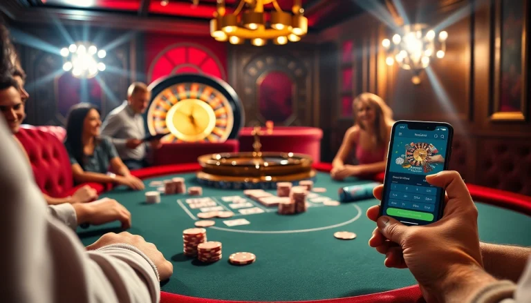 Engaging poker game at a luxurious casino, highlighting uu88 for serious gamblers.