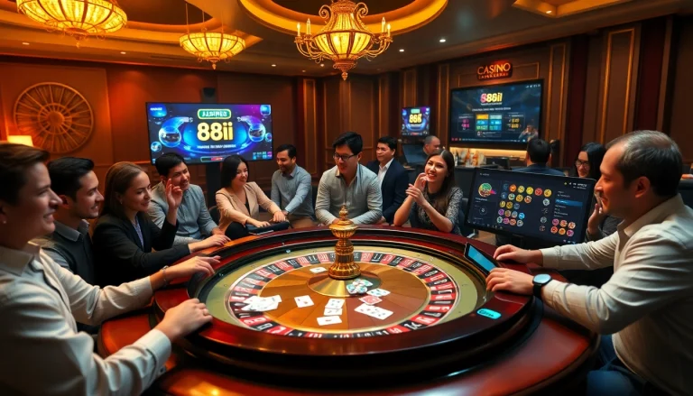 Excited players engage at a poker table with 88i branding, showcasing high-stakes gambling action.