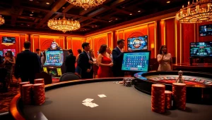 Experience the thrill of 33win at an elegant casino, featuring poker tables and vibrant slot machines.