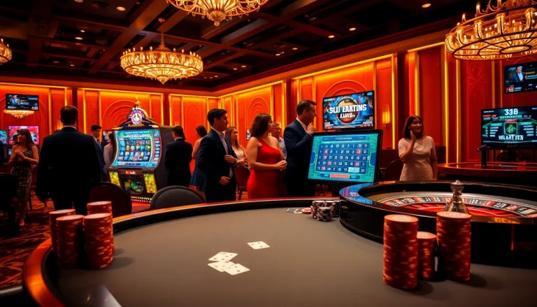 Experience the thrill of 33win at an elegant casino, featuring poker tables and vibrant slot machines.