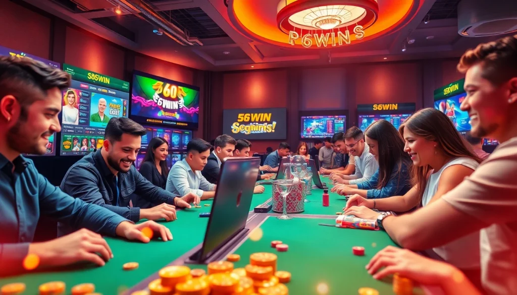 Exciting online gaming platform scene with diverse players enjoying 56WIN casino games.