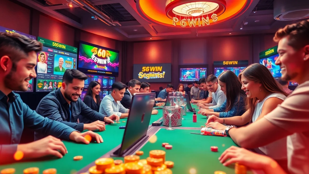 Exciting online gaming platform scene with diverse players enjoying 56WIN casino games.