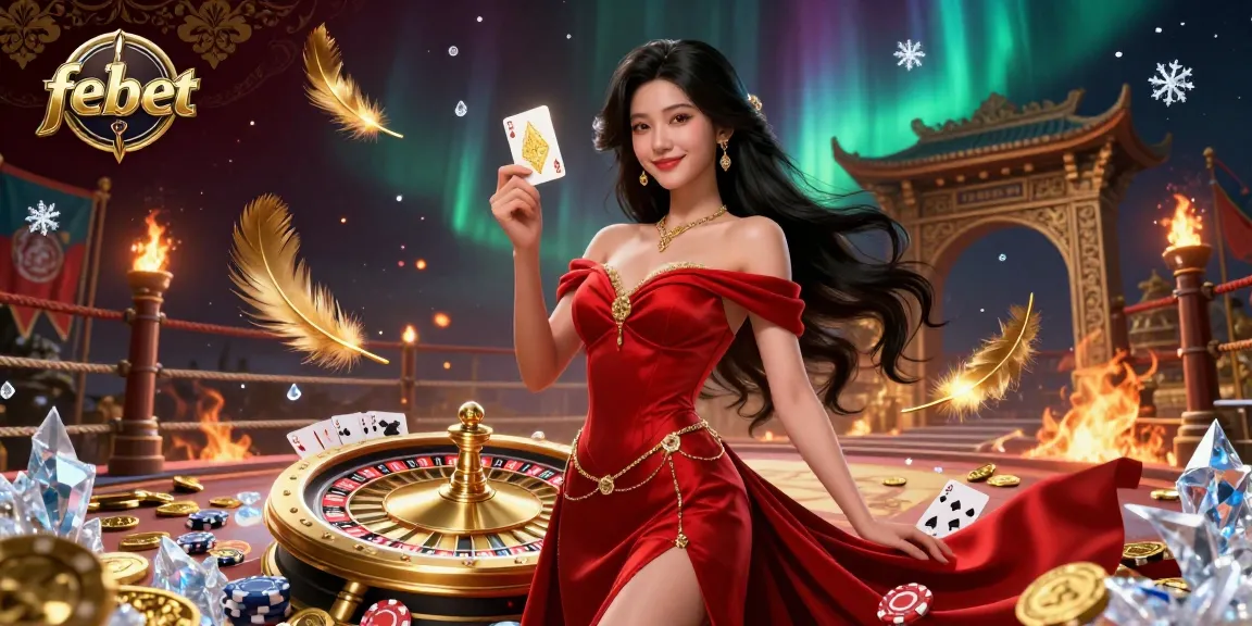 Experience excitement at febet with a stunning illustration of a confident Asian woman holding a golden playing card amid a vibrant casino scene.