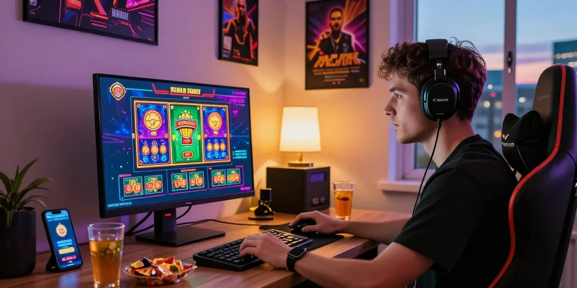 Excited player engaging in online gaming at casinos that accept credit cards, showcasing vibrant casino game interface and cozy home office setup.