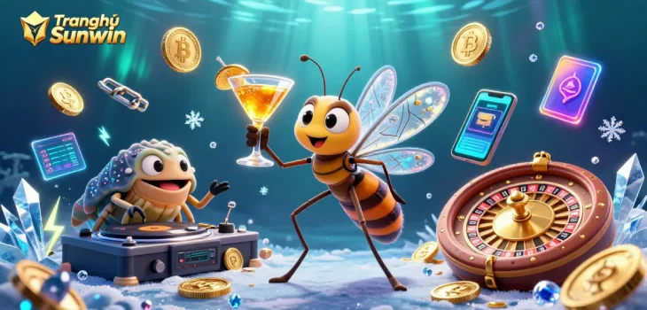 Engage with Trang chủ Sunwin's vibrant casino scene featuring gaming characters and cryptocurrency elements.