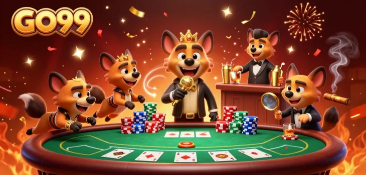 Enjoy thrilling gaming at GO99 with cartoon hyenas in a vibrant casino scene.
