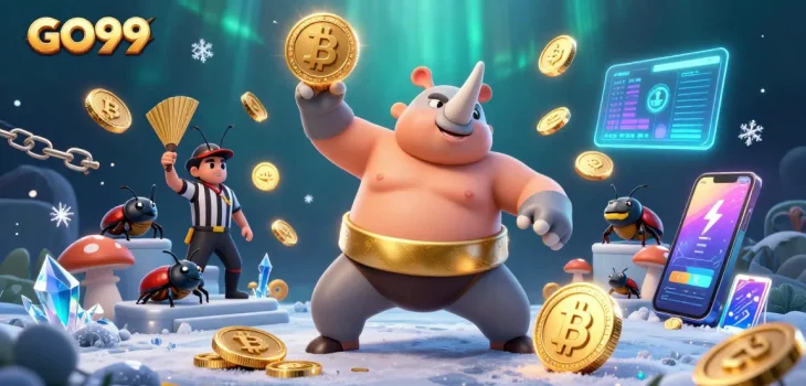 Experience the excitement of GO99 with the vibrant sumo beetle competition and crypto gaming elements.
