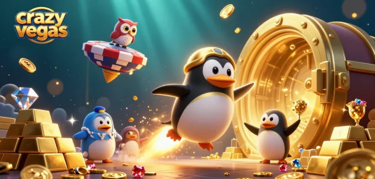 Experience the thrill of crazyvegas as a golden penguin zooms past a casino space station, celebrating online gaming excitement.