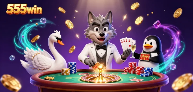 Experience thrilling gameplay at 555win with a vibrant casino scene featuring elegant characters and dynamic elements.